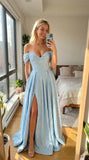 Off Shoulder Long Prom Dress 2026 Floral Satin A-Line Corset Ball Formal Evening Gown with Slit