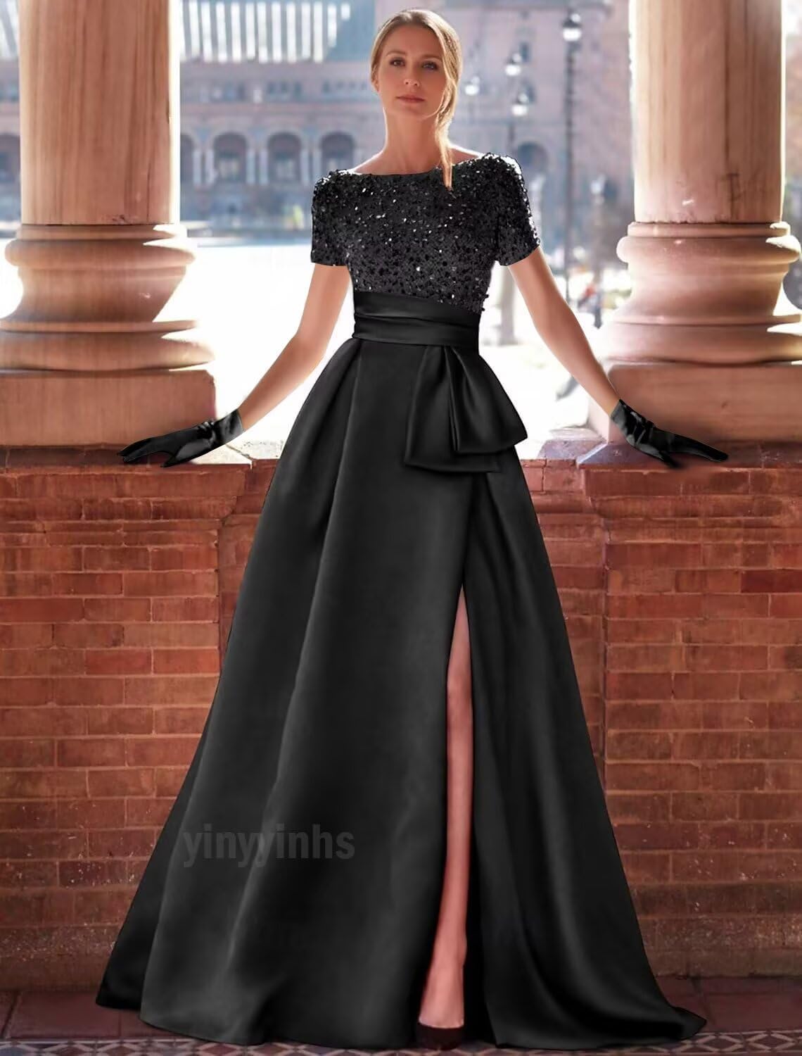 Kingbridal Gowns Short Sleeve Sequin Prom Dresses for Women 2026 Satin A-Line Sparkly Formal Evening Party Ball Gowns with Slit
