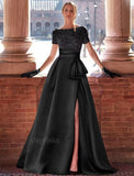 Kingbridal Gowns Short Sleeve Sequin Prom Dresses for Women 2026 Satin A-Line Sparkly Formal Evening Party Ball Gowns with Slit