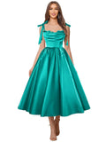 Satin Prom Dresses for Women Spaghetti Straps Corset A-Line Ball Formal Gowns Tea Length with Pockets