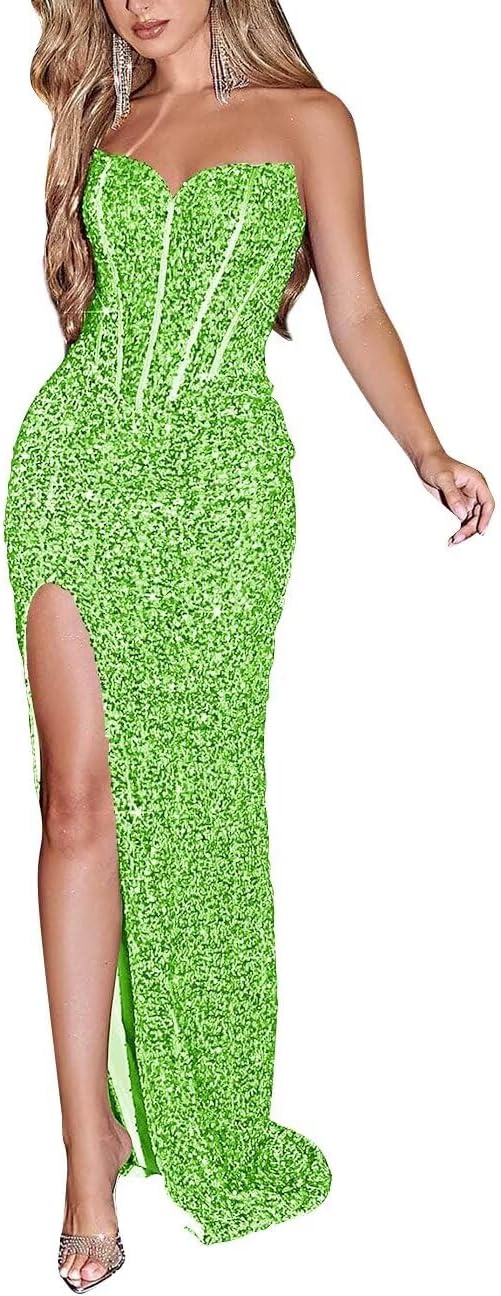 Sparkly Sequin Prom Dresses for Women 2025 Long Mermaid Strapless Glitter Formal Evening Prom Ball Gown with Slit