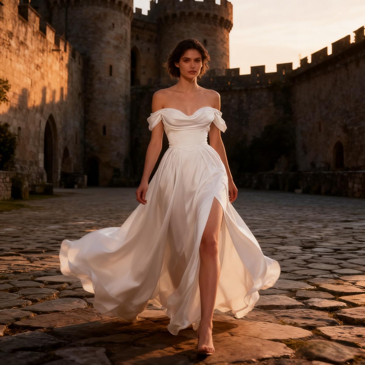 Off Shoulder Satin Bridesmaid Dresses Long Pleated Formal Dresses A Line Evening Gowns with Slit