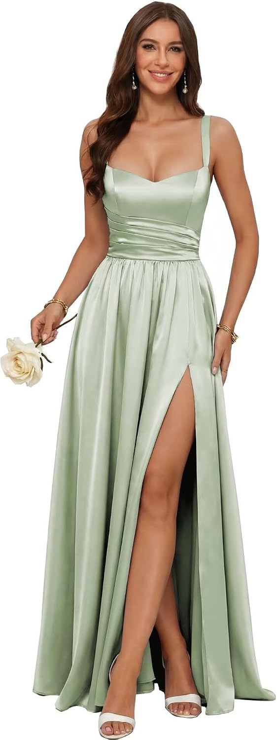 Jacquard Satin Prom Dresses with Slit Spaghetti Straps A Line Maxi Long Formal Dress