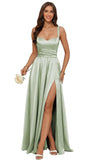 Jacquard Satin Prom Dresses with Slit Spaghetti Straps A Line Maxi Long Formal Dress