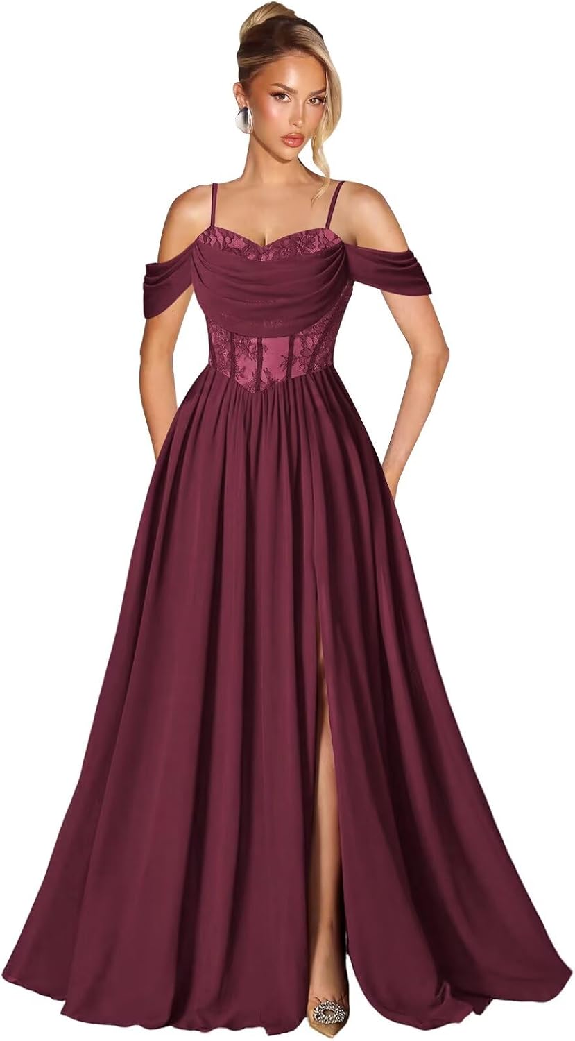 Off Shoulder Lace Applique Prom Dress with Slit A Line Ball Gown Pleated Corset Long Formal Evening Dresses