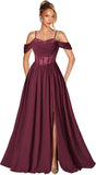 Off Shoulder Lace Applique Prom Dress with Slit A Line Ball Gown Pleated Corset Long Formal Evening Dresses