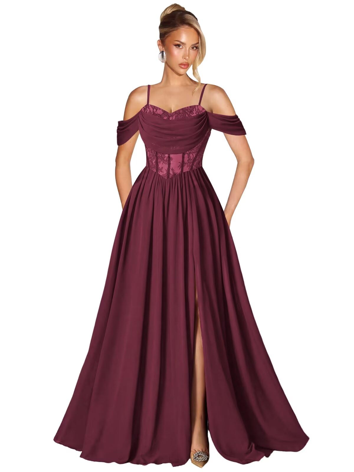 Off Shoulder Lace Applique Prom Dress with Slit A Line Ball Gown Pleated Corset Long Formal Evening Dresses