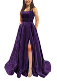 Kingbridal Gowns Spaghetti Straps Prom Dresses Long for Women 2026 A Line Sequin Satin Formal Evening Party Ball Gowns with Slit