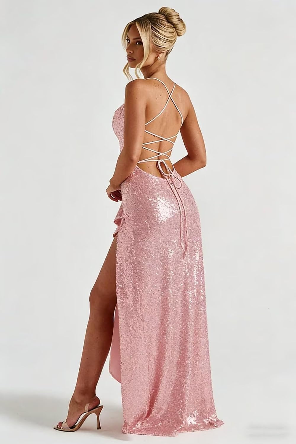 Sequin Prom Dresses with Slit 2026 Spaghetti Straps V Neck Corset A Line Formal Dress