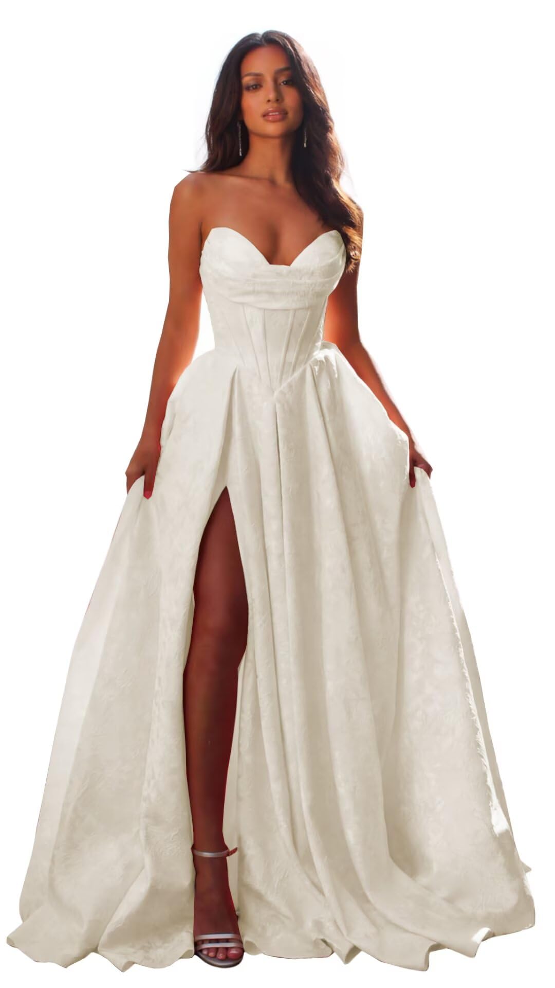 Jacquard Satin Prom Dresses with Slit Strapless Corset A Line Long Formal Gowns