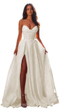 Jacquard Satin Prom Dresses with Slit Strapless Corset A Line Long Formal Gowns