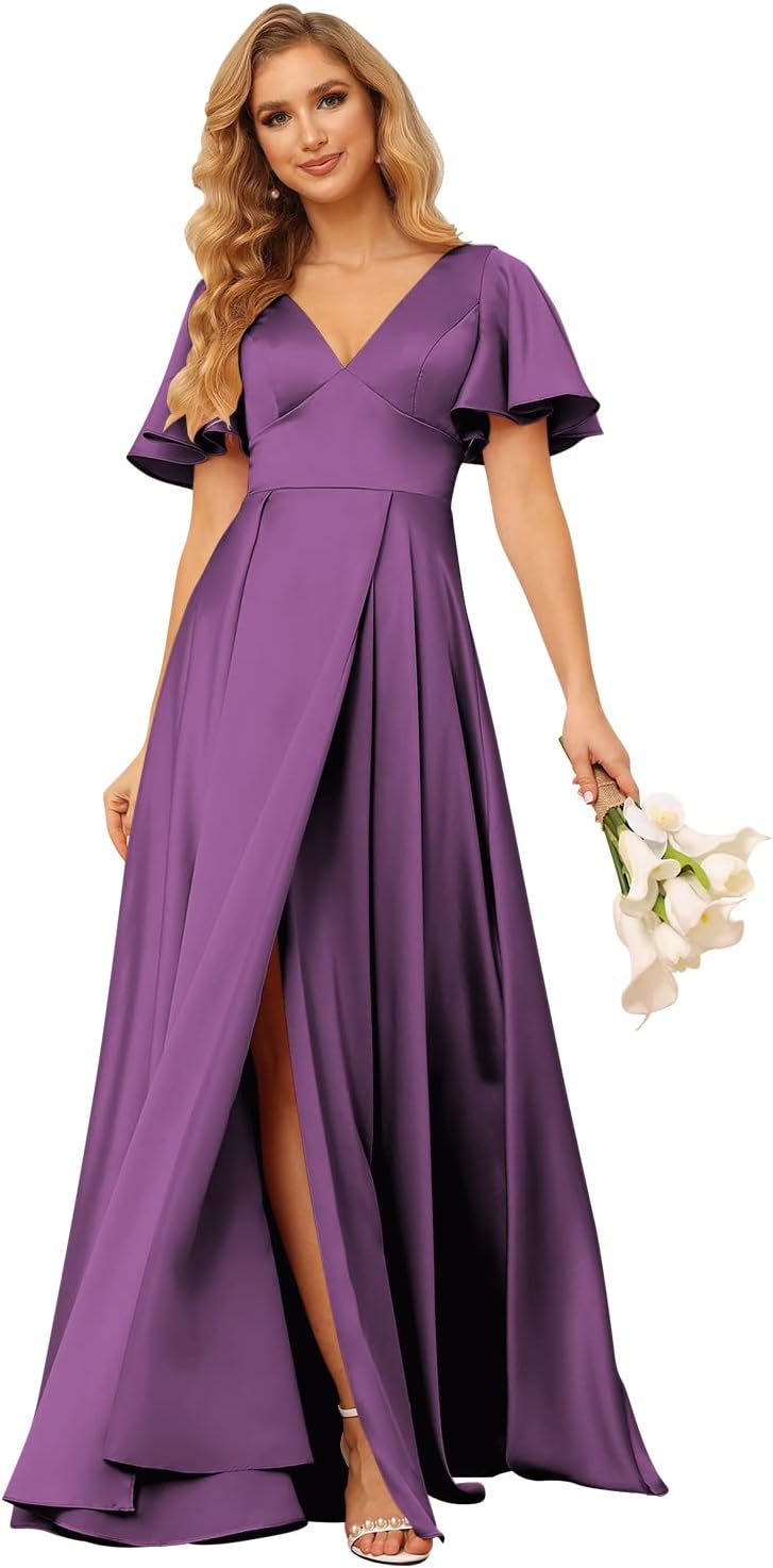 Women's V Neck Ruffle Sleeves Bridesmaid Dresses with Slit 2025 Satin A-Line Formal Evening Gowns