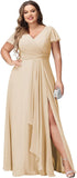 Vestidos de dama de honor de talla grande con mangas con volantes y bolsillos, vestido formal largo con escote en V y abertura. 