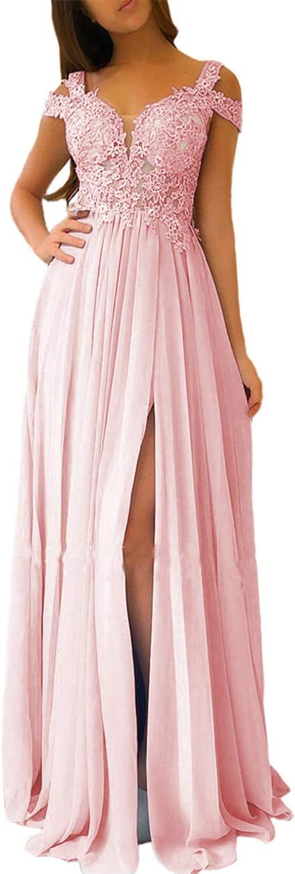 Women's Lace Appliques Prom Dresses Long with Slit Cold Shoulder Formal Party Gown