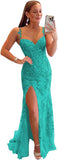 Women's Lace Mermaid Prom Dresses Long with Slit Mermaid Spaghetti Straps Backless Formal Evening Gowns