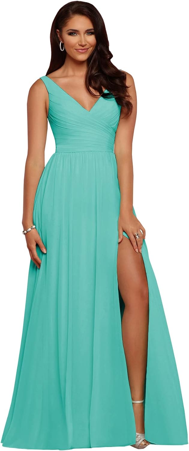 Vestidos de dama de honor largos con escote en V y abertura en gasa, corte A, plisados, para noche, fiesta formal