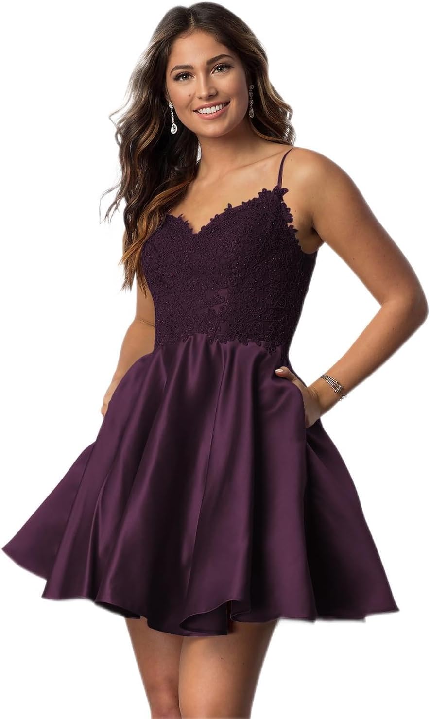 Vestidos cortos de fiesta con tirantes finos para jóvenes, con encaje, escote en V y bolsillos.