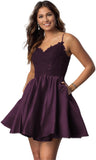 Vestidos cortos de fiesta con tirantes finos para jóvenes, con encaje, escote en V y bolsillos.