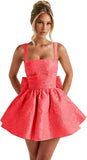 Jacquard Satin Homecoming Dresses for Teens Spaghetti Straps Short Prom Dress A-line Cocktail Party Gowns with Bow
