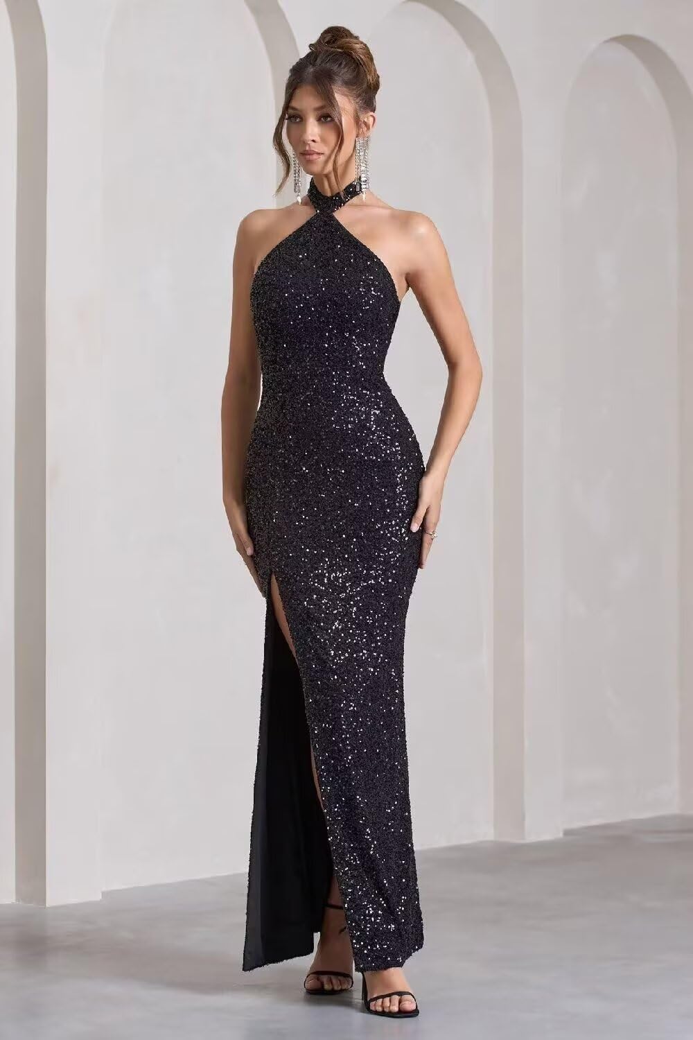 Sequin Mermaid Prom Dresses for Women Long Sparkly Halter-Neck Tight Backless Formal Evening Party Gowns with Slit