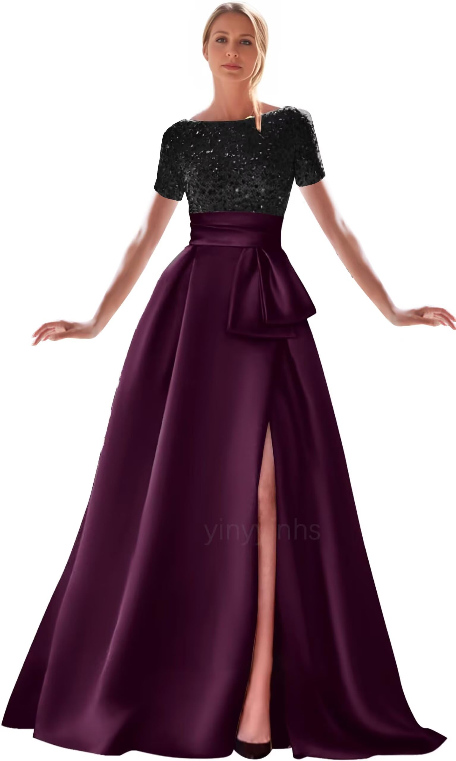 Kingbridal Gowns Short Sleeve Sequin Prom Dresses for Women 2026 Satin A-Line Sparkly Formal Evening Party Ball Gowns with Slit