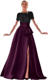 Kingbridal Gowns Short Sleeve Sequin Prom Dresses for Women 2026 Satin A-Line Sparkly Formal Evening Party Ball Gowns with Slit