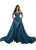 Mermaid Satin Prom Dresses for Women 2027 Long Off Shoulder Ruched Corset Formal Evening Dress Detachable Train