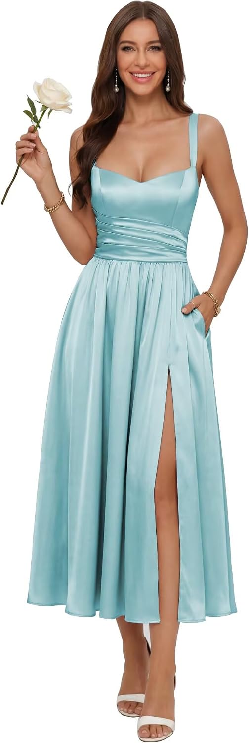 Jacquard Satin Bridesmaid Dresses for Women Spaghetti Straps A Line Tea Length Formal Dress
