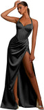 Women's Satin Halter Prom Dresses with Slit Ruched Long Corset Formal Evening Party Gown