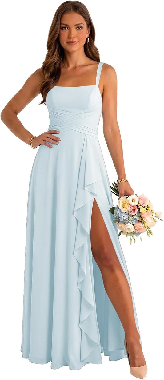 Sleeveless Chiffon Bridesmaid Dress for Women Square Neck Pleats Formal Wedding Guest Dress with Ruffle