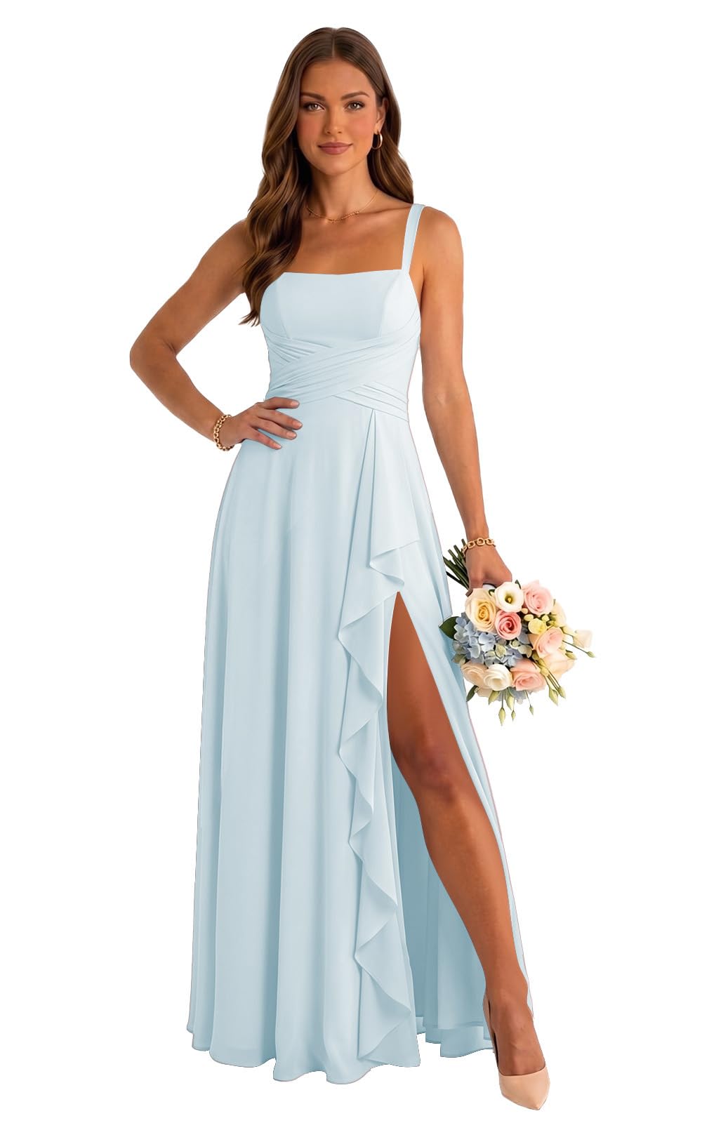 Sleeveless Chiffon Bridesmaid Dress for Women Square Neck Pleats Formal Wedding Guest Dress with Ruffle