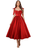 Satin Prom Dresses for Women Spaghetti Straps Corset A-Line Ball Formal Gowns Tea Length with Pockets