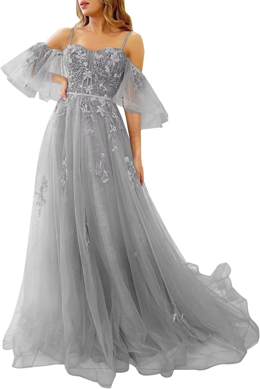 Vestidos de fiesta de tul con hombros descubiertos para adolescentes, vestidos formales con apliques de encaje, vestido de fiesta de noche formal de línea A