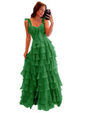 Tiered Prom Dresses with Bow Long A-Line Chiffon Formal Evening Dress for Women Spaghetti Straps Slit Ball Gown