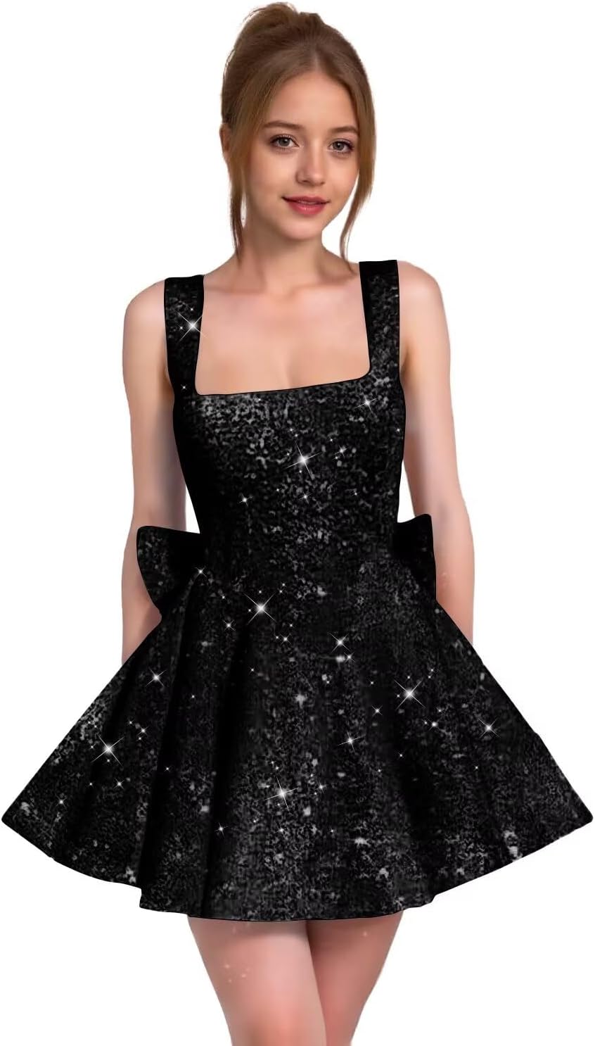 Sparkly Sequin Homecoming Dresses for Teens Short Prom Dress Square Neck Bow Formal Cocktail Gowns with Pockets
