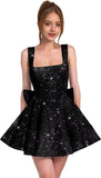 Sparkly Sequin Homecoming Dresses for Teens Short Prom Dress Square Neck Bow Formal Cocktail Gowns with Pockets