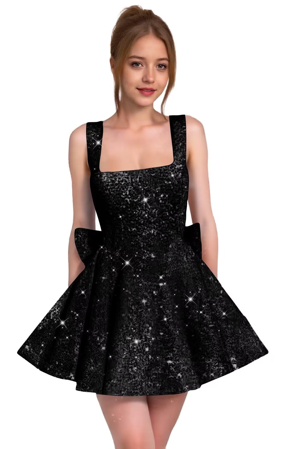 Sparkly Sequin Homecoming Dresses for Teens Short Prom Dress Square Neck Bow Formal Cocktail Gowns with Pockets