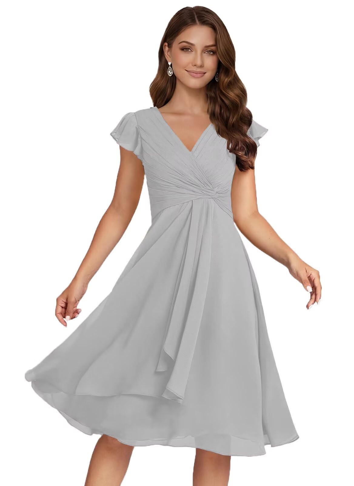 Short Chiffon Bridesmaid Dresses for Women V Neck Flutter Sleeves Ruffle Formal Cocktail Gowns with Pockets