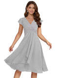 Short Chiffon Bridesmaid Dresses for Women V Neck Flutter Sleeves Ruffle Formal Cocktail Gowns with Pockets