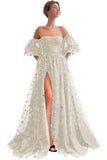 Off Shoulder Sparkly Tulle Long Prom Dress A Line for Women Formal Evening Dresses