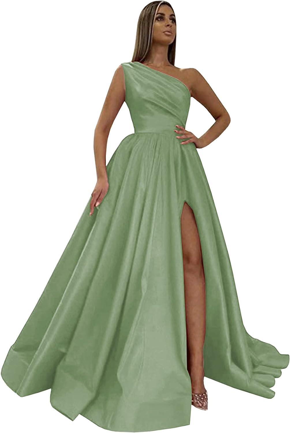 Women's One Shoulder Prom Dresses 2026 Long Slit Satin Formal Evening Gowns with Pockets