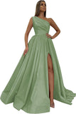 Women's One Shoulder Prom Dresses 2026 Long Slit Satin Formal Evening Gowns with Pockets