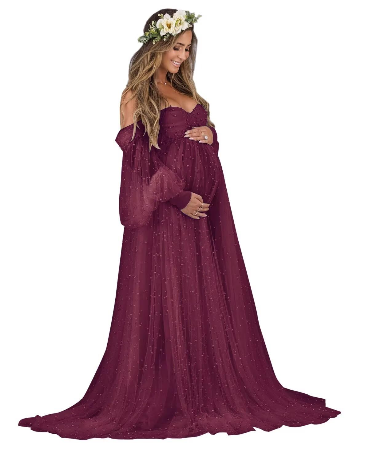 Kingbridal Pearl Tulle Maternity Dress for Photoshoot Long Puffy Sleeve Pregnancy Gown