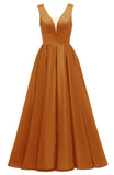 Glitter Satin Prom Dresses for Women Long V Neck A-Line Pleated Formal Evening Party Gowns with Pockets