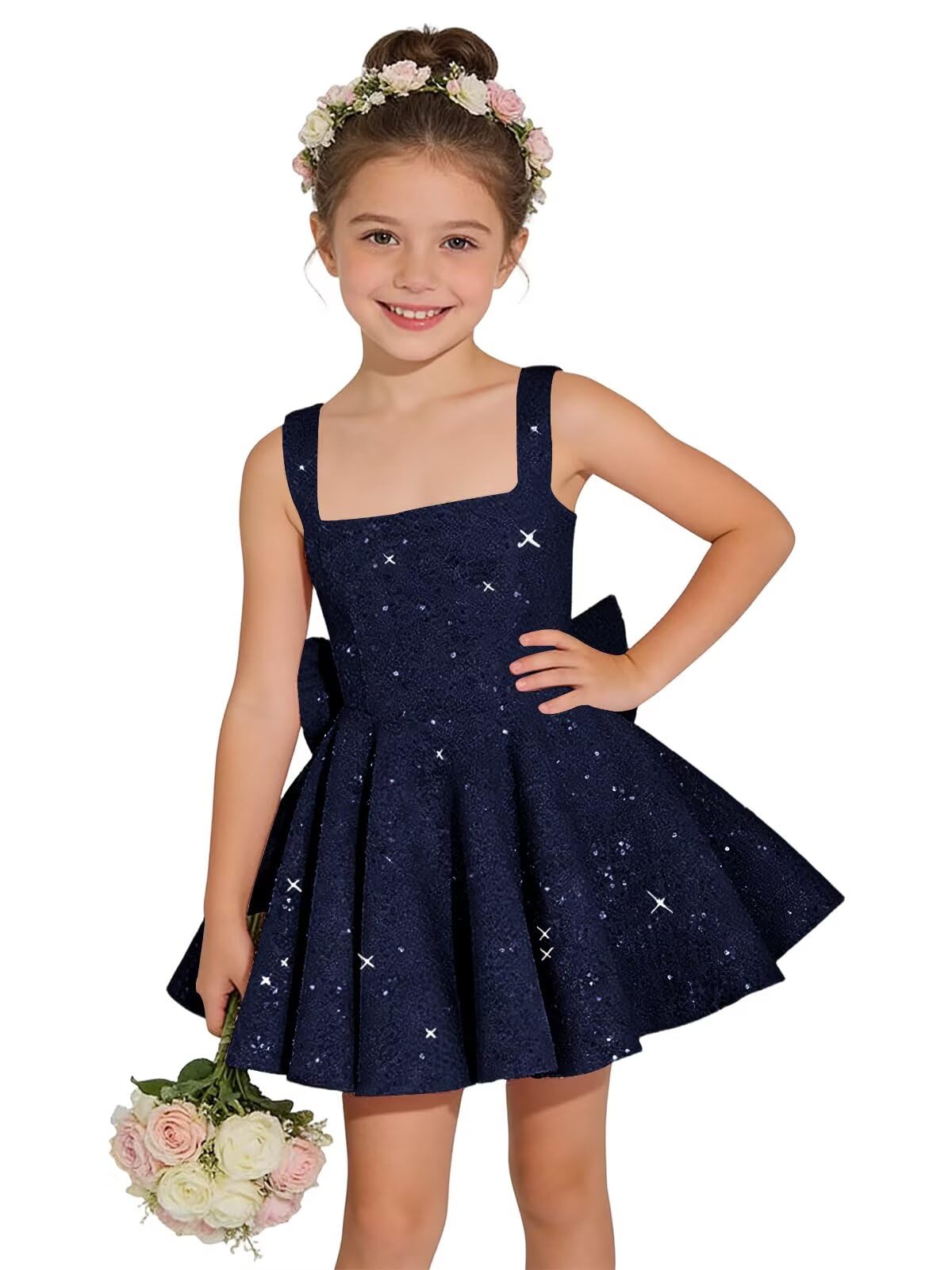 Sparkly Sequin Teen Flower Girl Dresses for Wedding Short Spaghetti Straps Cute Birthday Party Dress with Bow