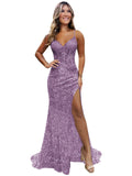 Sparkly Sequin Prom Dresses for Teens 2026 V Neck Glitter Applique Mermaid Formal Evening Gown with Slit