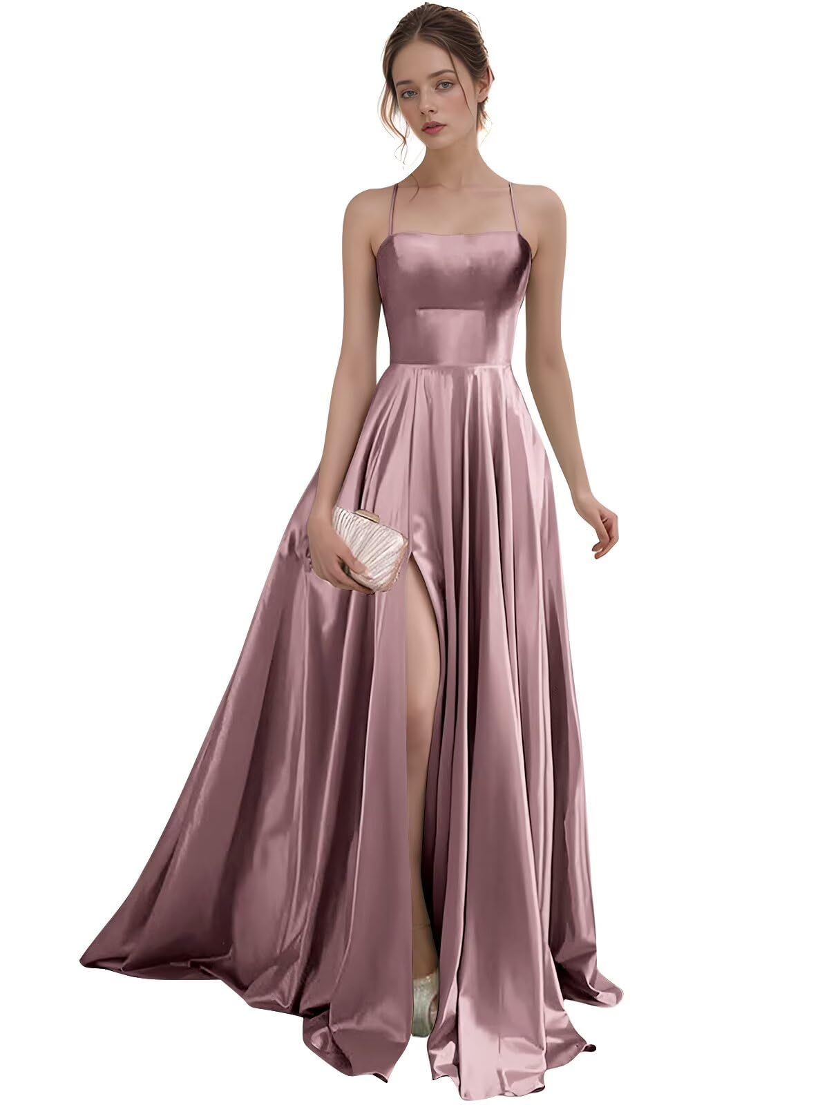 Women's Satin Prom Dresses with Slit Strapless A Line Corset Ball Gowns Spaghetti Straps Formal Evening Gowns with Pockets