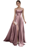 Women's Satin Prom Dresses with Slit Strapless A Line Corset Ball Gowns Spaghetti Straps Formal Evening Gowns with Pockets