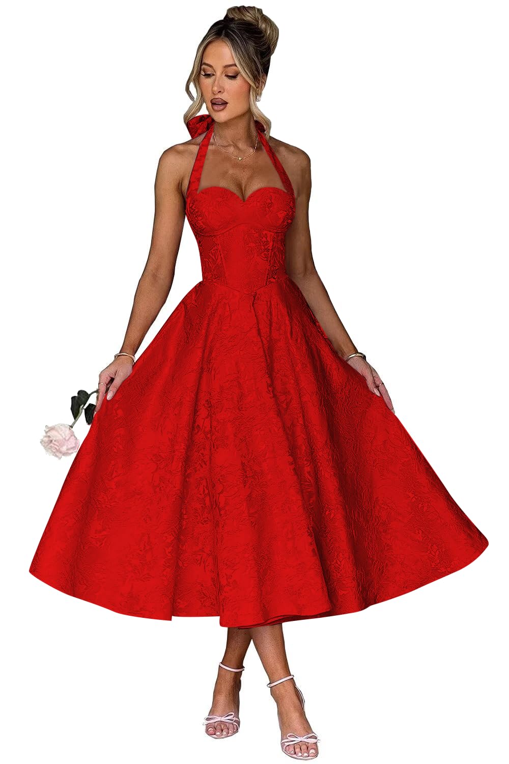 Jacquard Satin Prom Dresses for Women Vintage A-Line Midi Halter Sweetheart Formal Evening Party Gowns with Pockets