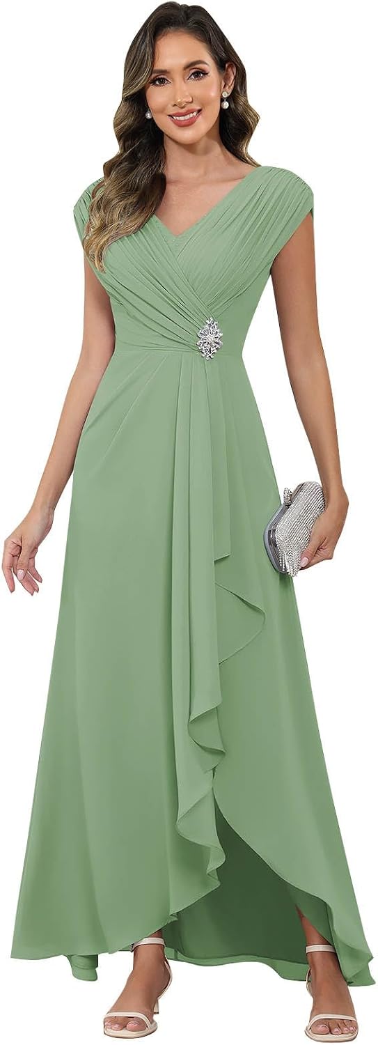 Cap Sleeve Mother of The Bride Dresses Chiffon V Neck Beaded Ruffles A Line Long Formal Evening Dress